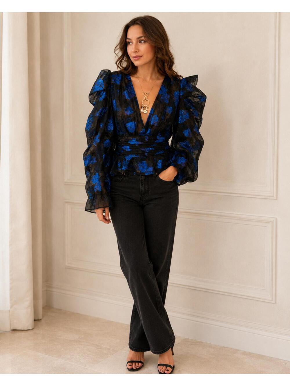 Zara Black Sheer Floral Embroidered Puff Sleeve Wrap Blouse Size M